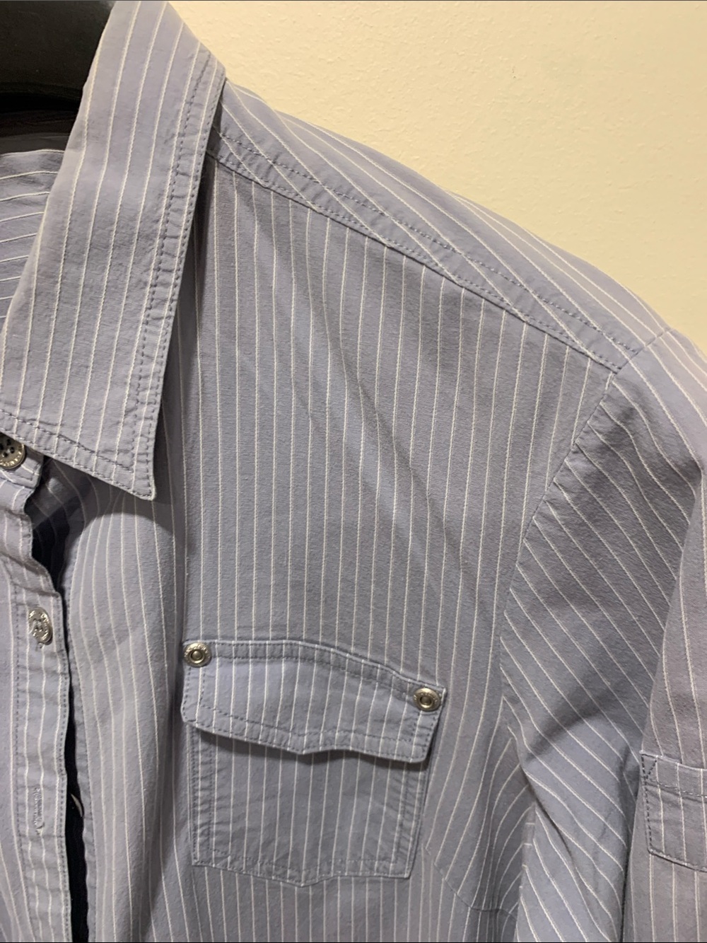 Liz Claiborne Light Blue and White Striped Women's Button-Up Tunic Length Blouse